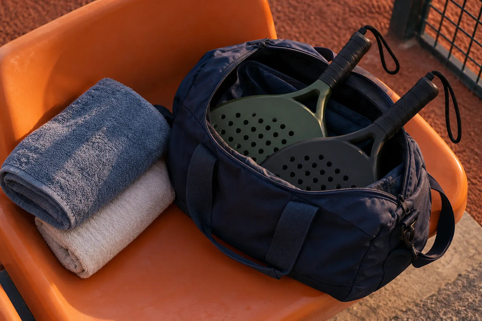 Illustration: Two plain solid perforated padel racket handles and their wrist straps extend from a navy kit bag beside two folded towels.