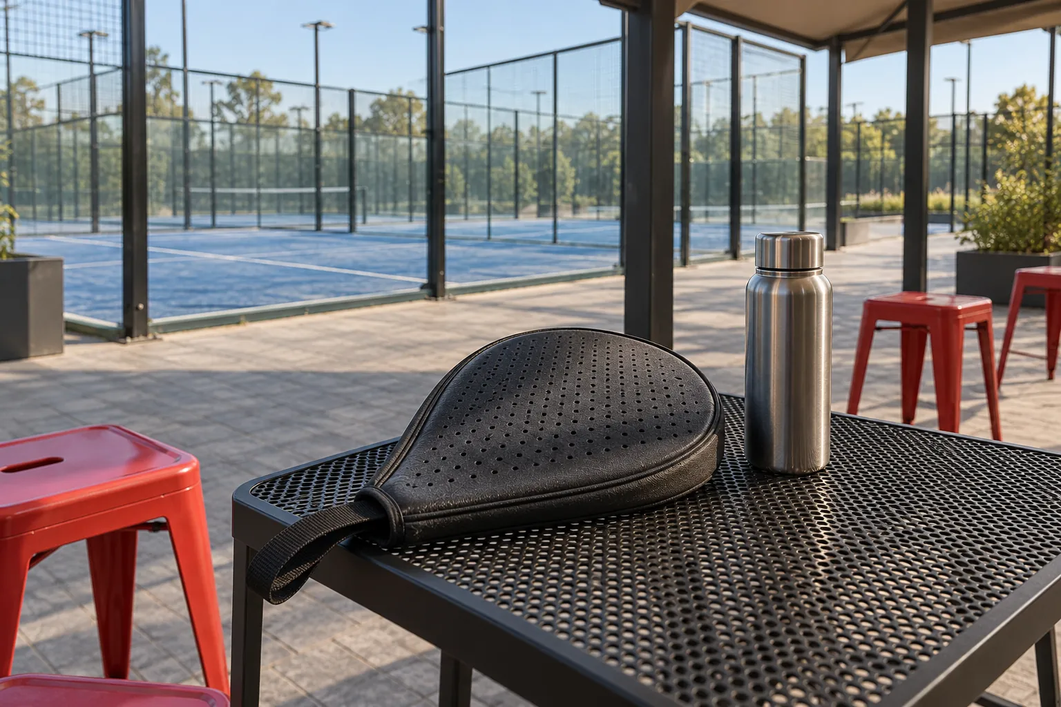 Illustration: A plain perforated padel racket sleeve and a steel flask sit on a black mesh table beneath a modest court-side awning.