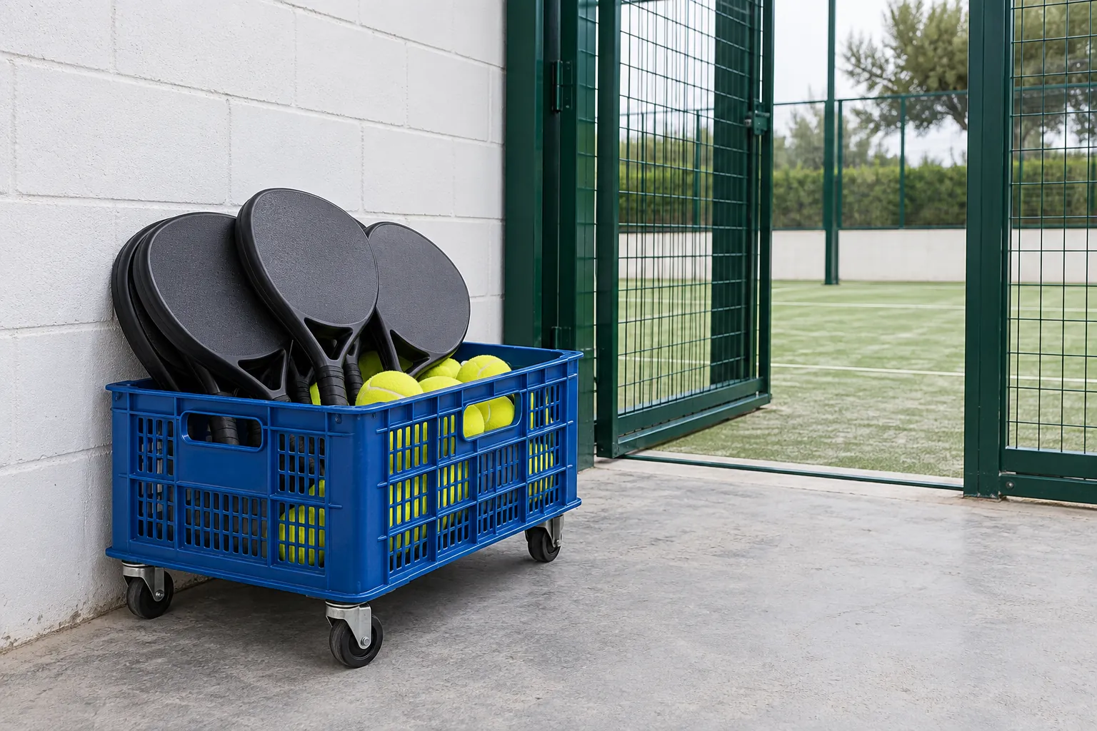 Illustration: A blue wheeled gear crate holds plain padel rackets and yellow balls beside a green metal entrance gate.