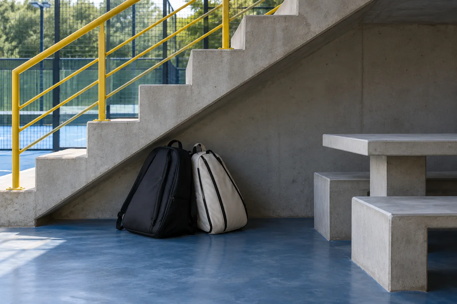 Illustration: Two plain padel bags lean together beneath an exterior concrete stair beside a covered seating area.