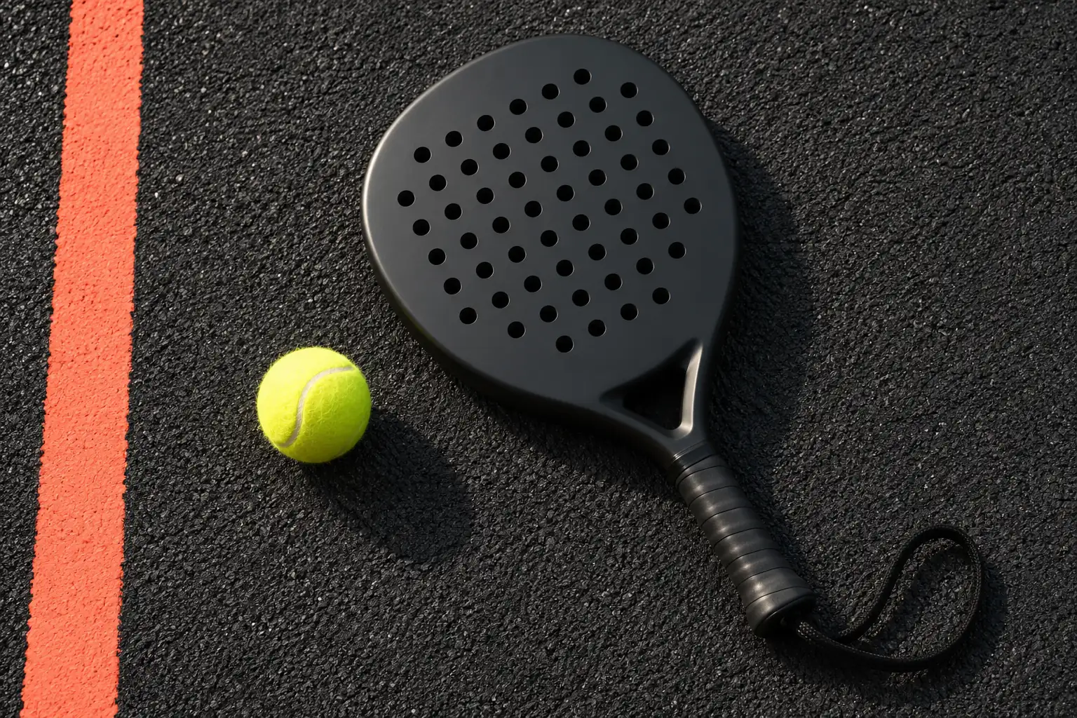 Illustration: One plain padel racket with a solid evenly perforated face and attached wrist strap lies beside a fuzzy yellow ball on a charcoal rubber mat.