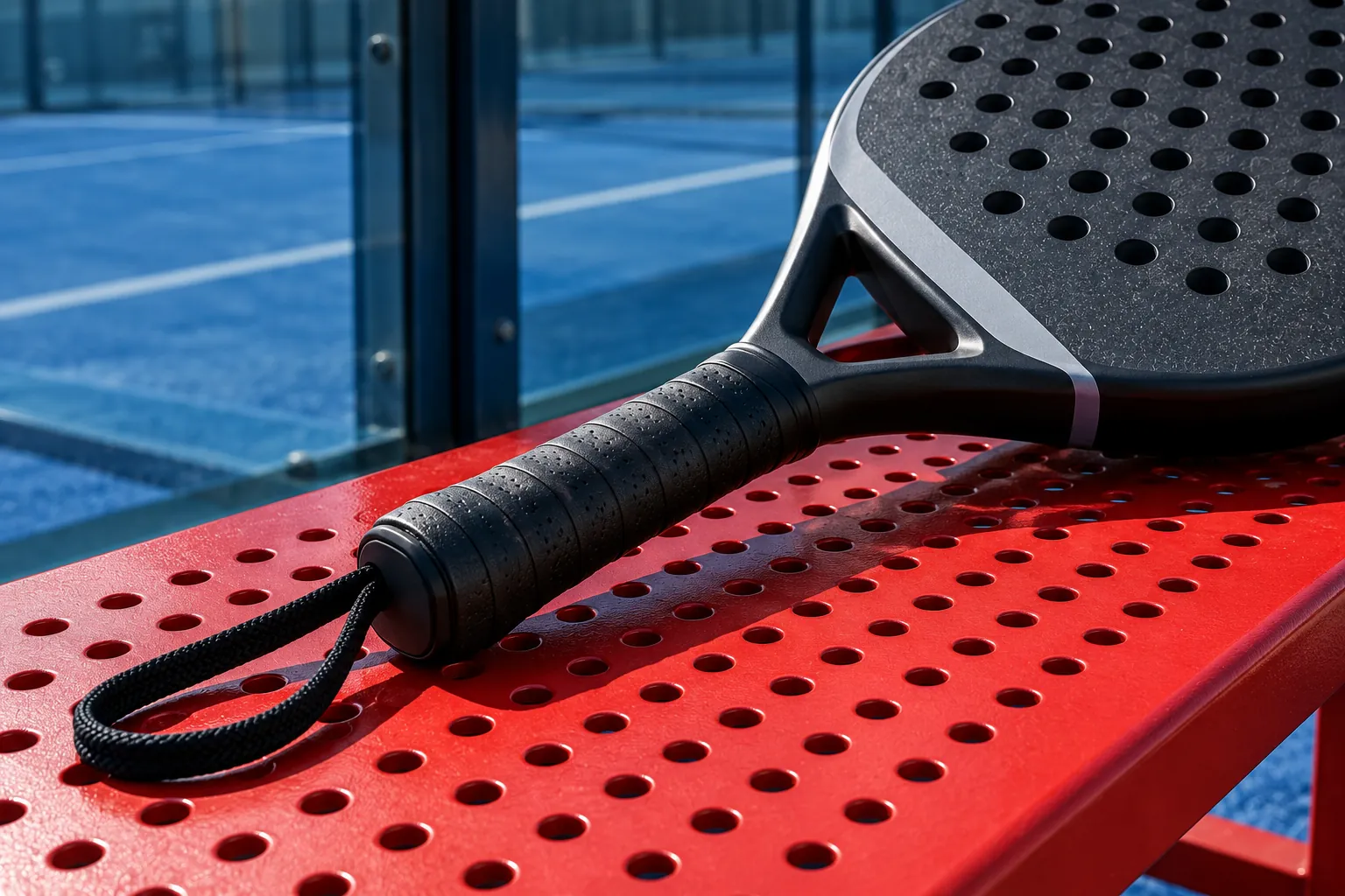 Illustration: The grip and wrist strap of a plain padel racket rest across the perforated red metal of a court-side bench.