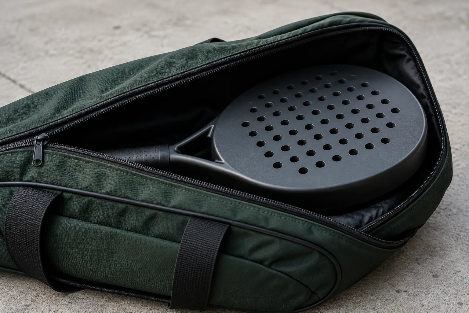 Illustration: An open dark green padel bag reveals the thick rim and perforated face of one unbranded padel racket.