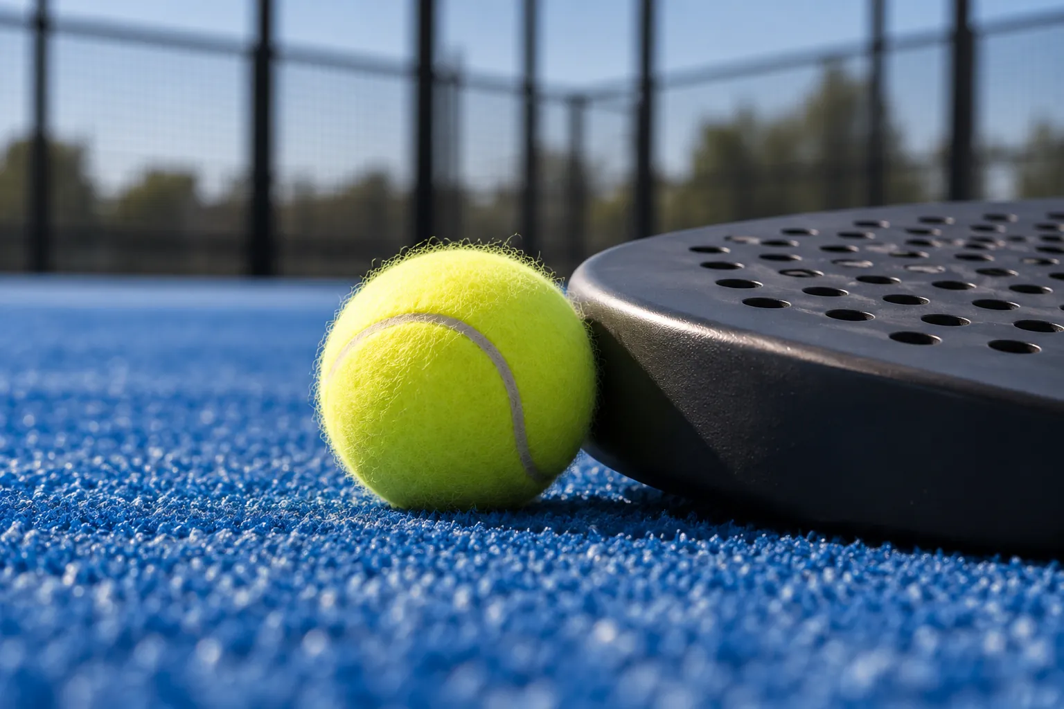 Illustration: A fuzzy yellow ball rests against the thick edge of a plain solid perforated padel racket on blue synthetic turf.