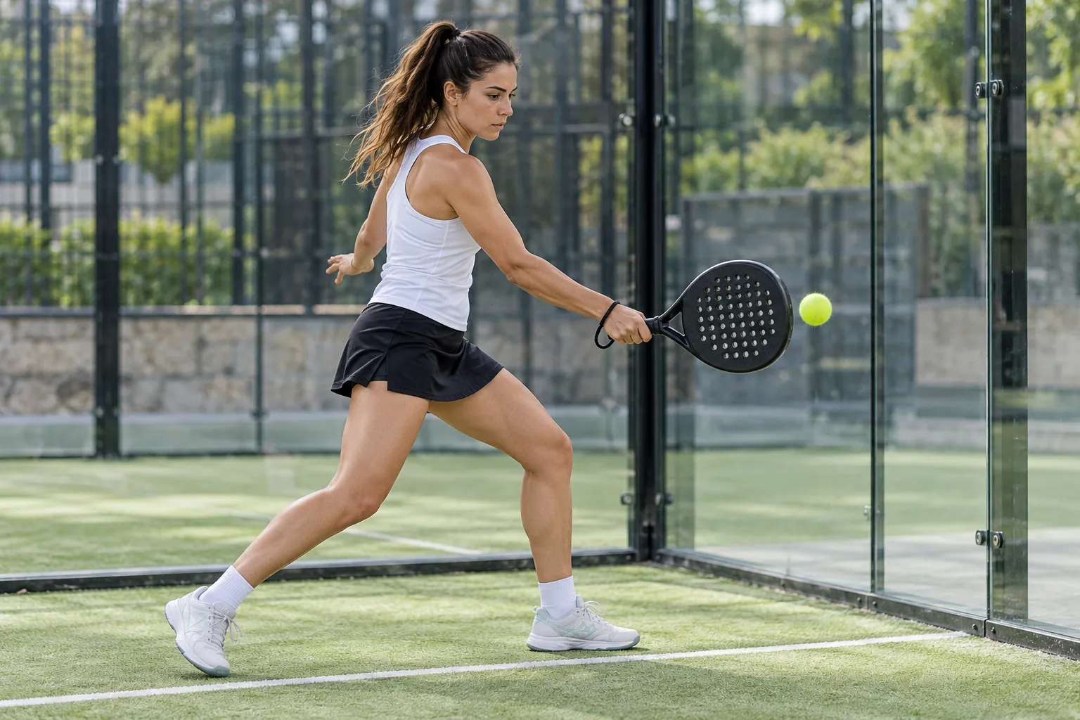 Illustration: A young adult woman prepares a controlled padel forehand beside the glass wall.