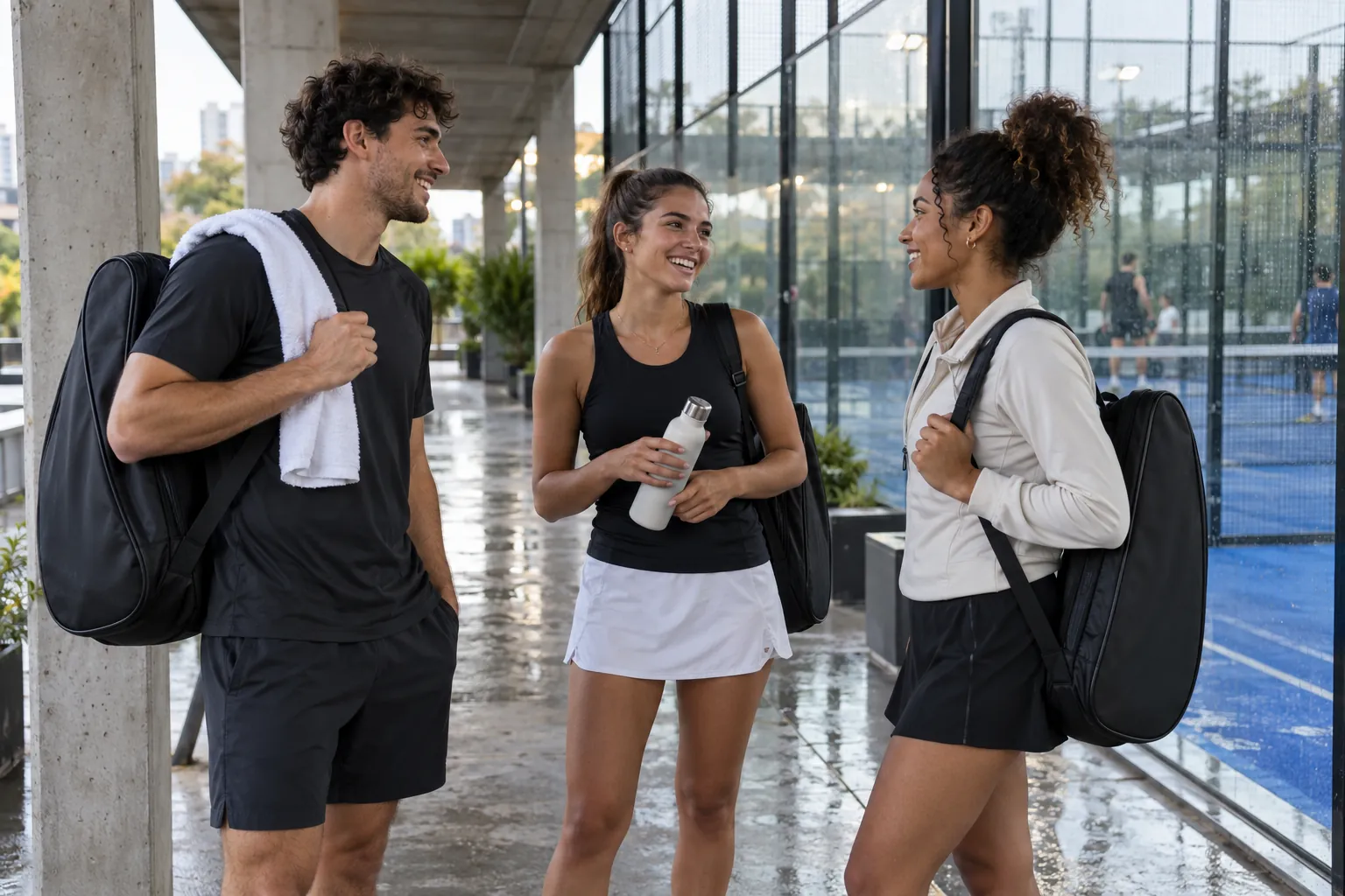 Illustration: Young adults chat after a padel game in a covered walkway.