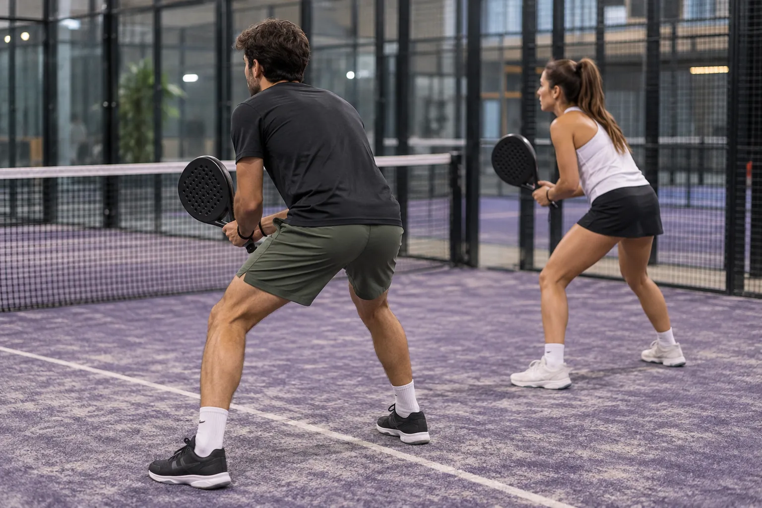 Illustration: Young padel partners wait in ready positions on an indoor court.
