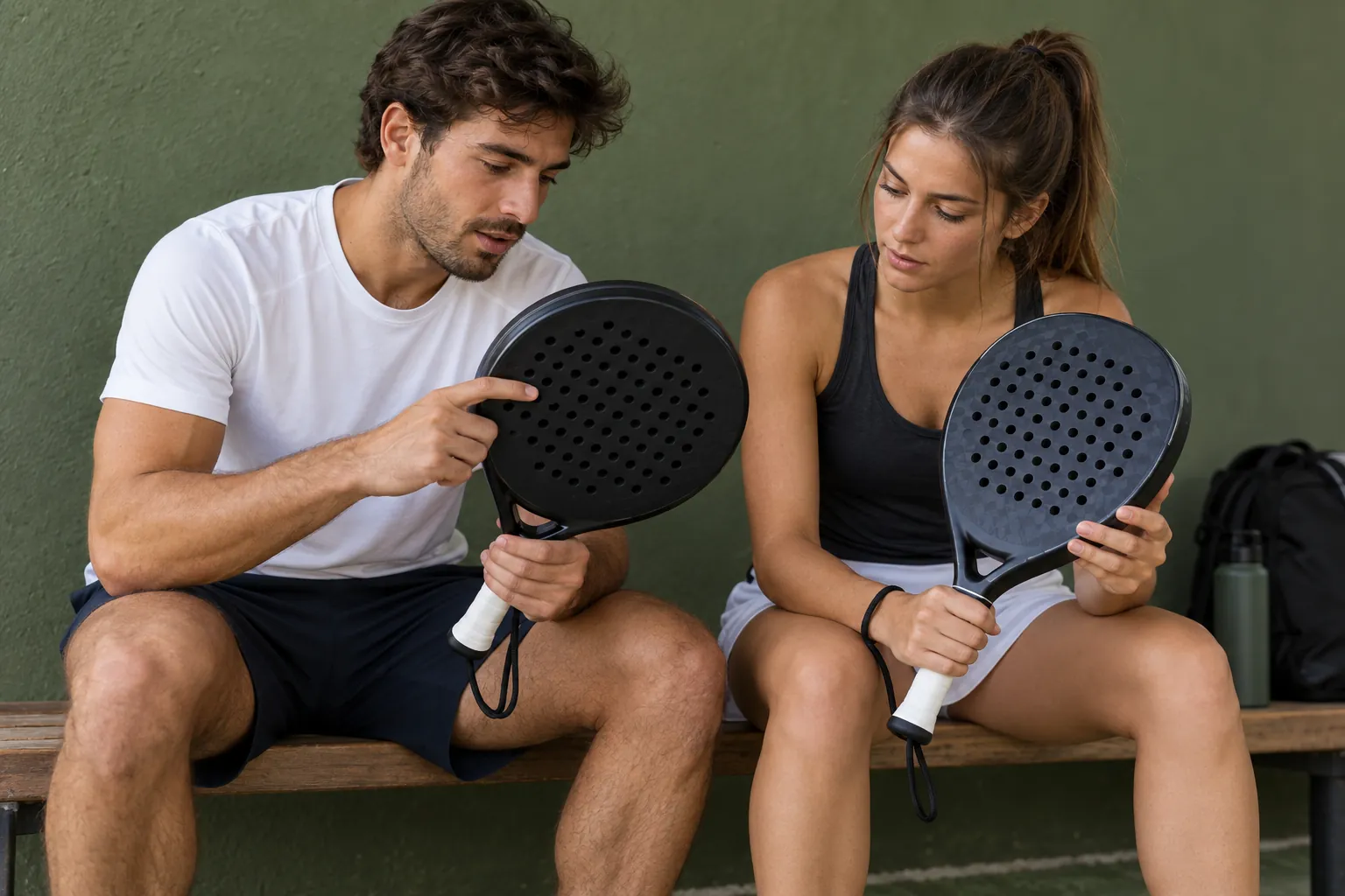 Illustration: Two young padel players compare their rackets.