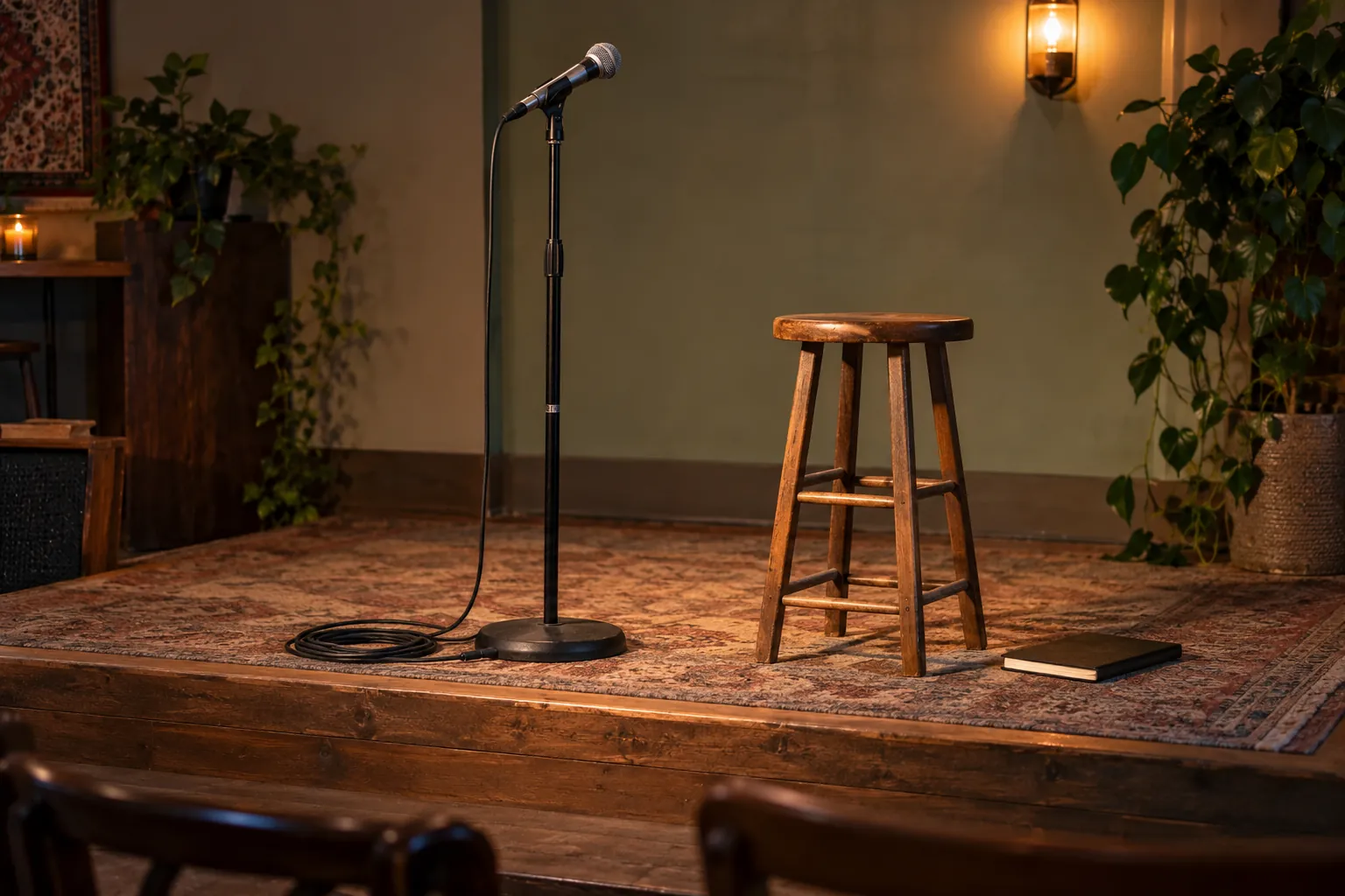 Illustration: A microphone and empty stool on a small listening-room platform.