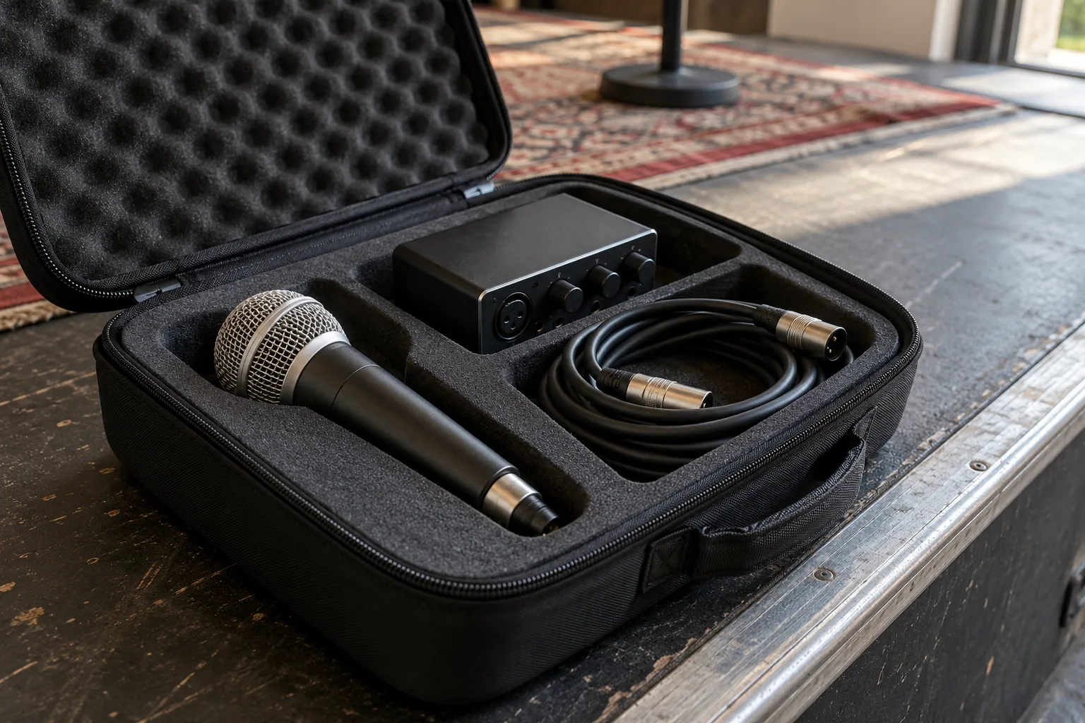 Illustration: A microphone, cable and small audio interface in an open carry case.
