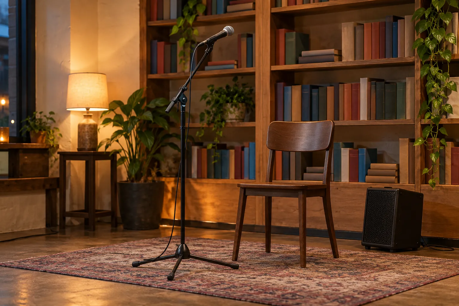 Illustration: A microphone and empty chair beside a bookcase and small speaker.