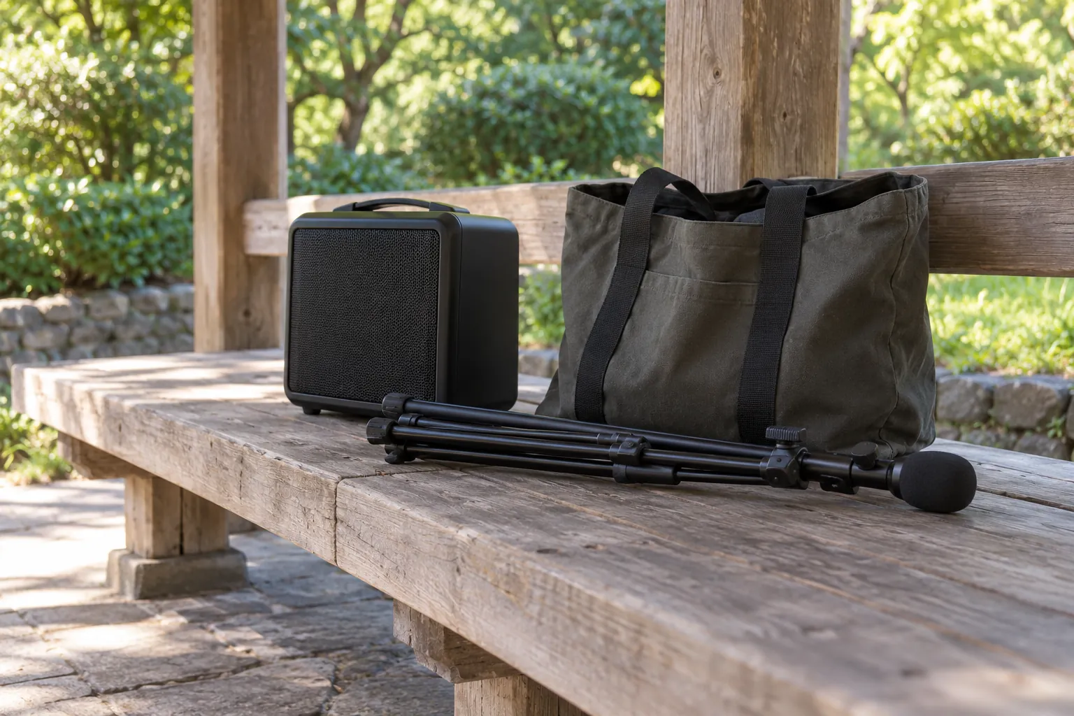 Illustration: A folded microphone stand and speaker on a sheltered pavilion bench.