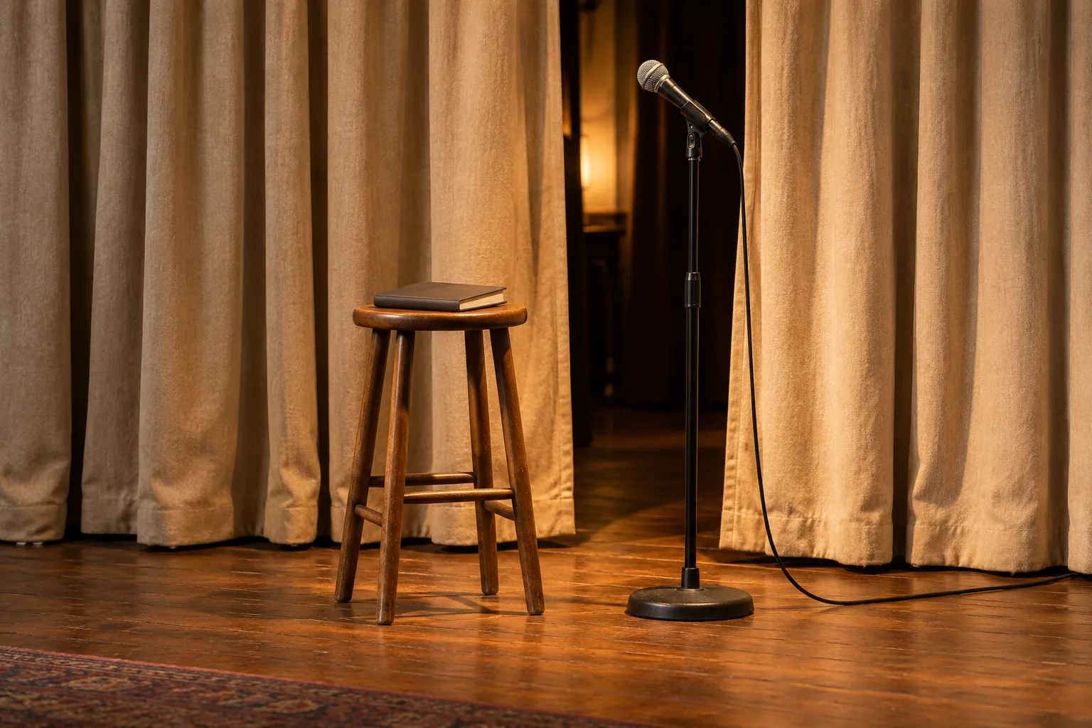 Illustration: An empty stool, notebook and microphone beside a stage curtain.
