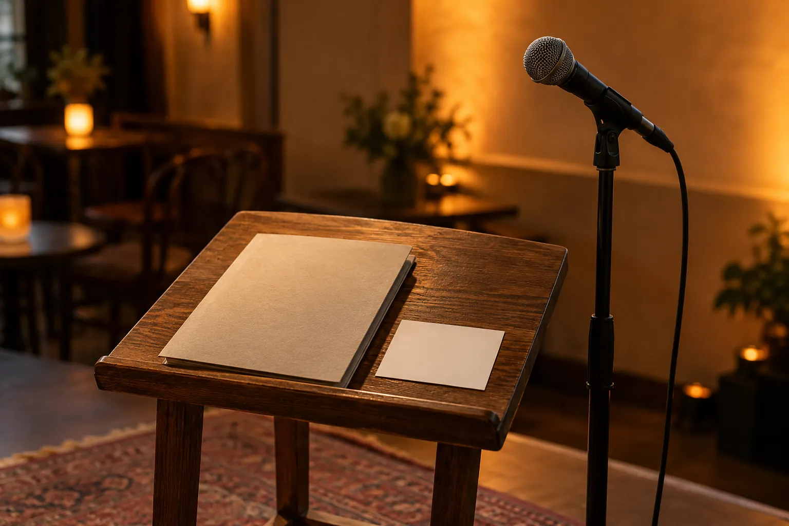 Illustration: A closed folder and blank card on a reading stand beside a microphone.