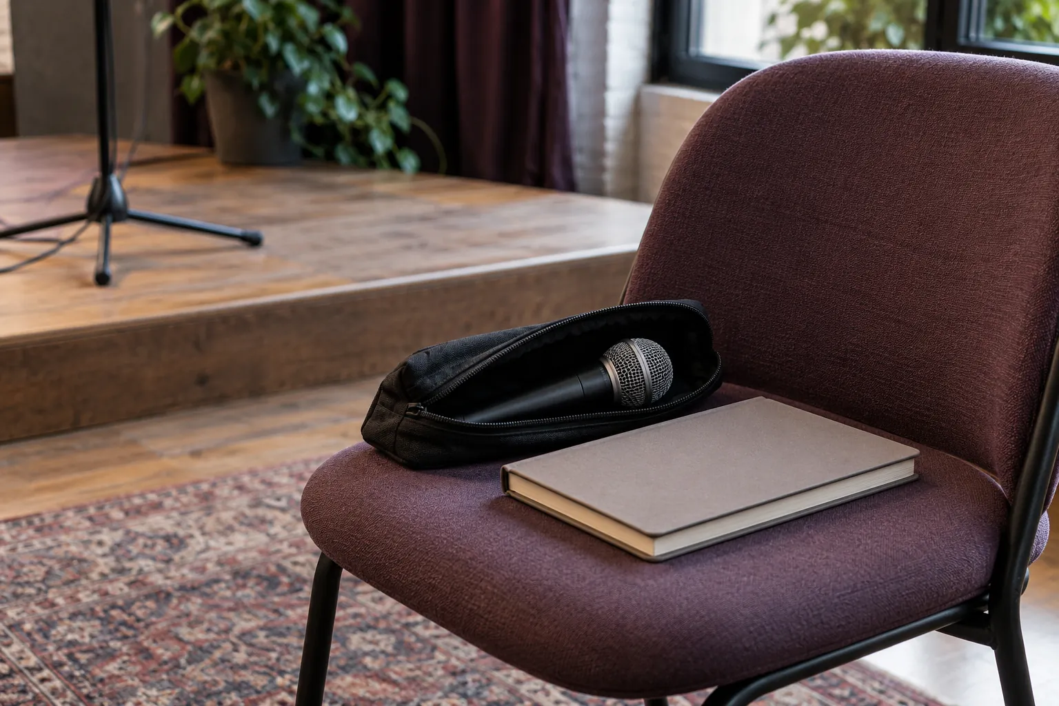 Illustration: A closed notebook and microphone pouch on an empty chair.