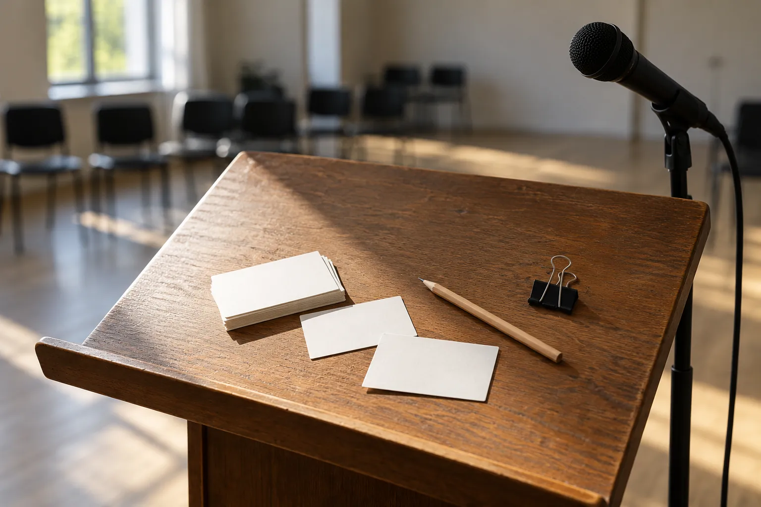 Illustration: Blank cue cards and a pencil on a rehearsal lectern.