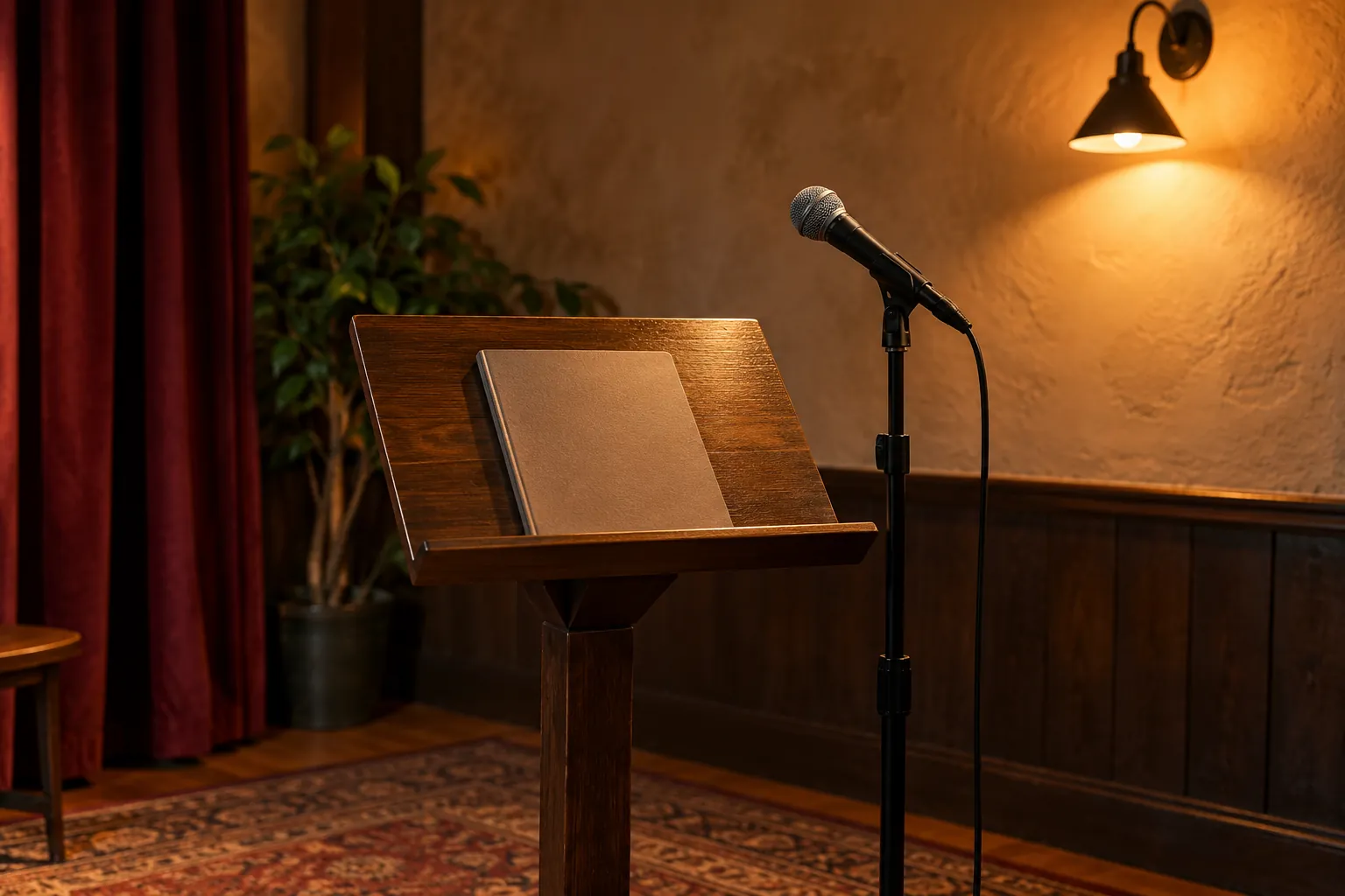 Illustration: A reading stand and microphone beneath a warm wall lamp.