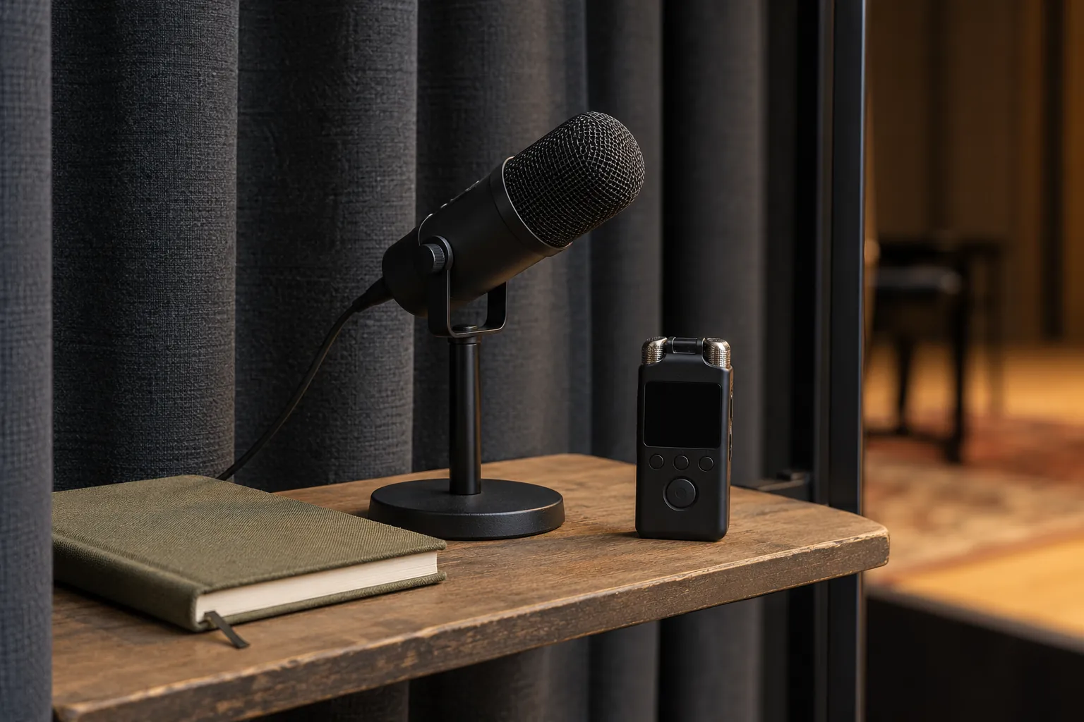 Illustration: A desk microphone, recorder and closed notebook beside an acoustic curtain.