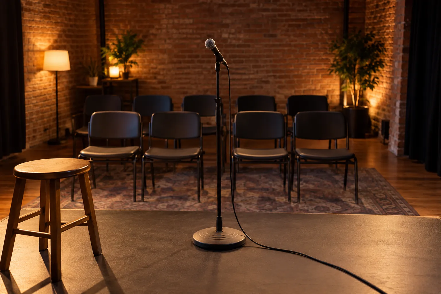 Illustration: A microphone facing empty chairs in a small brick-walled room.