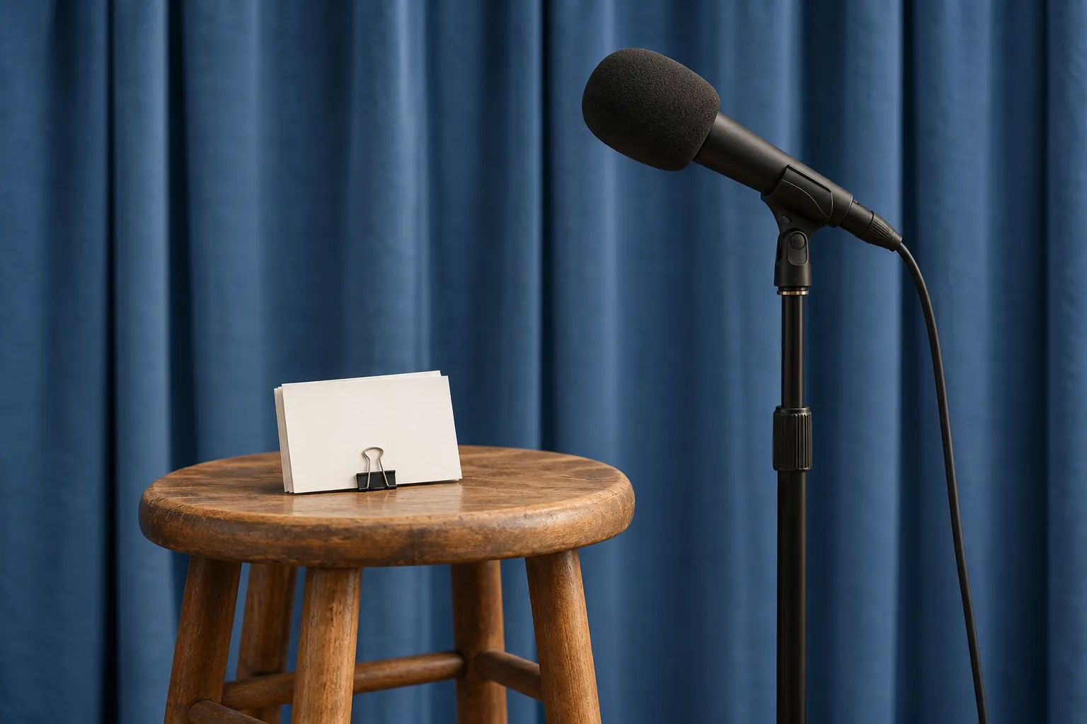 Illustration: Blank practice cards on a stool beside a microphone.