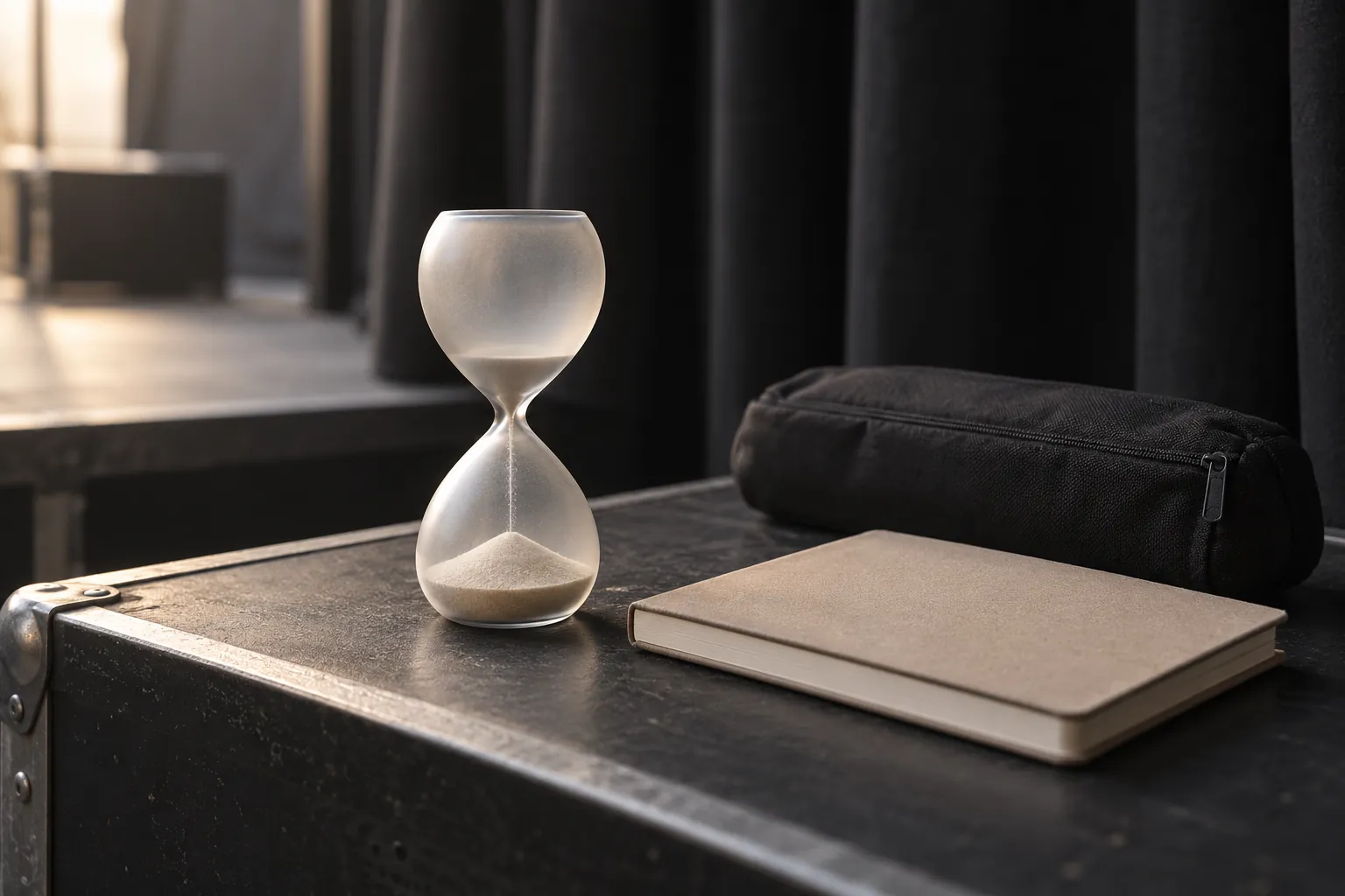 Illustration: An hourglass, notebook and microphone pouch near a small stage.