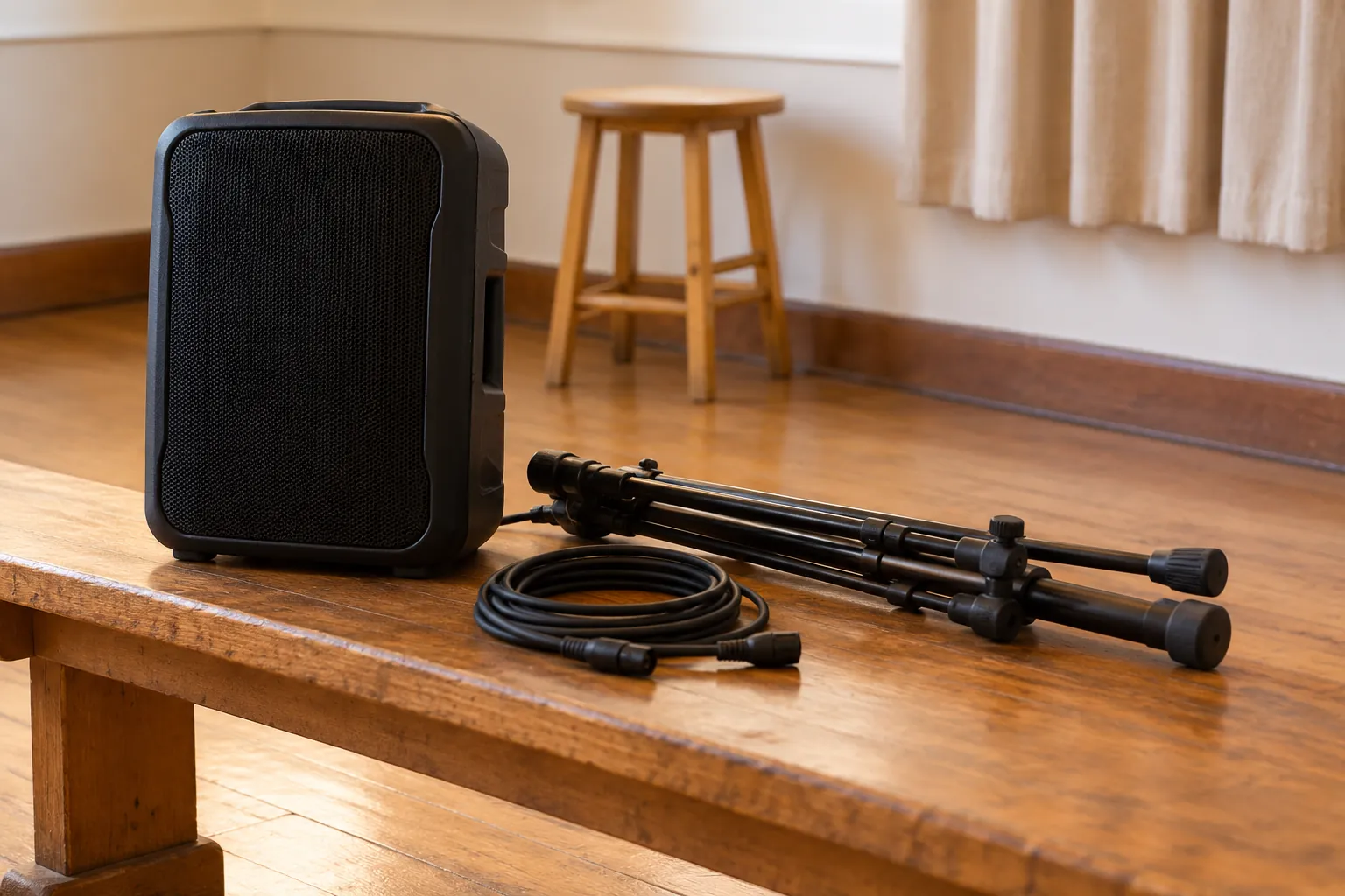 Illustration: A small speaker and folded microphone stand on a community-room bench.
