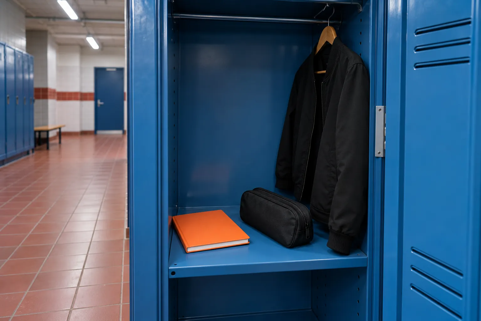 Illustration: A notebook, microphone pouch and jacket inside a blue locker.