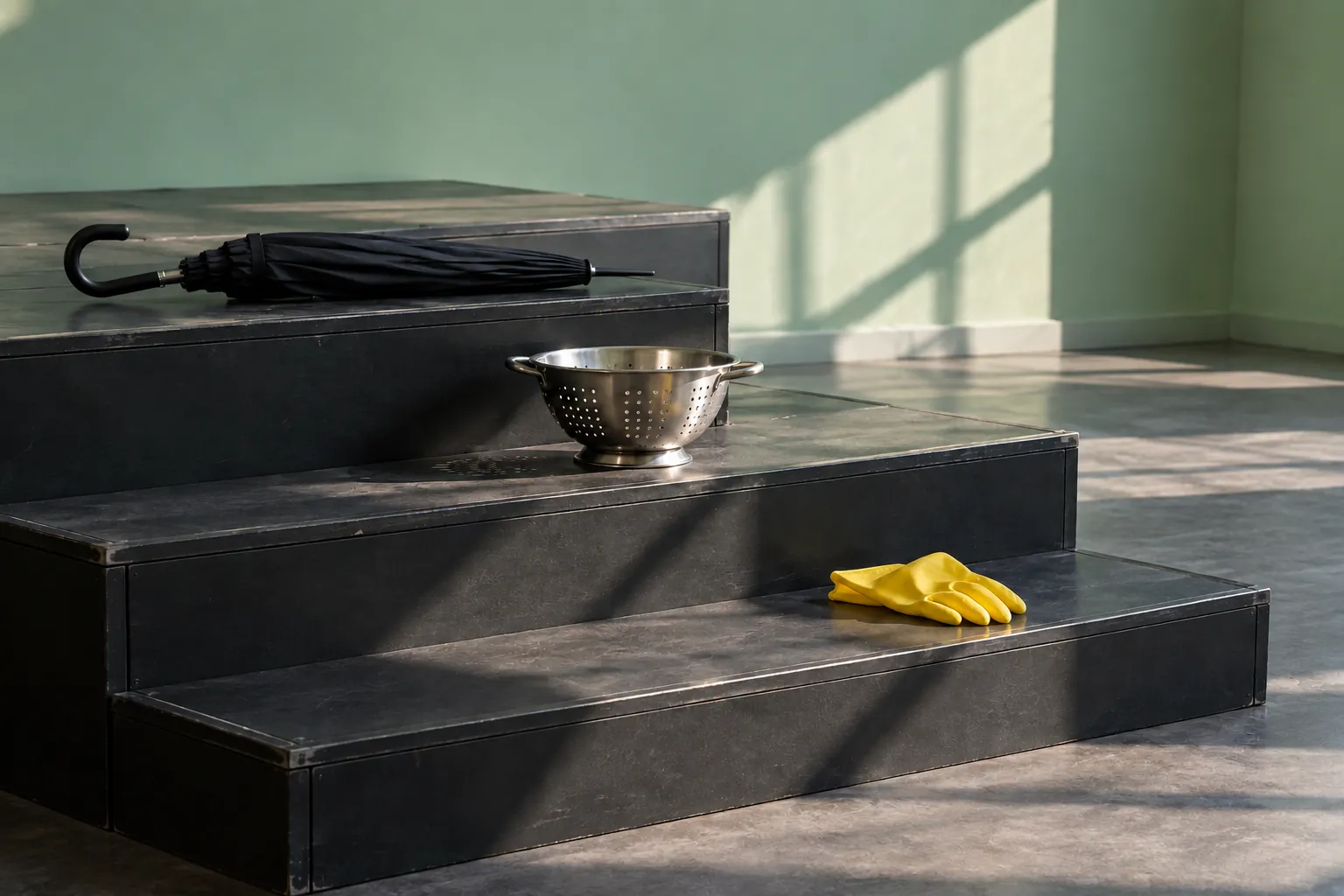 Illustration: An umbrella, colander and glove arranged on rehearsal steps.