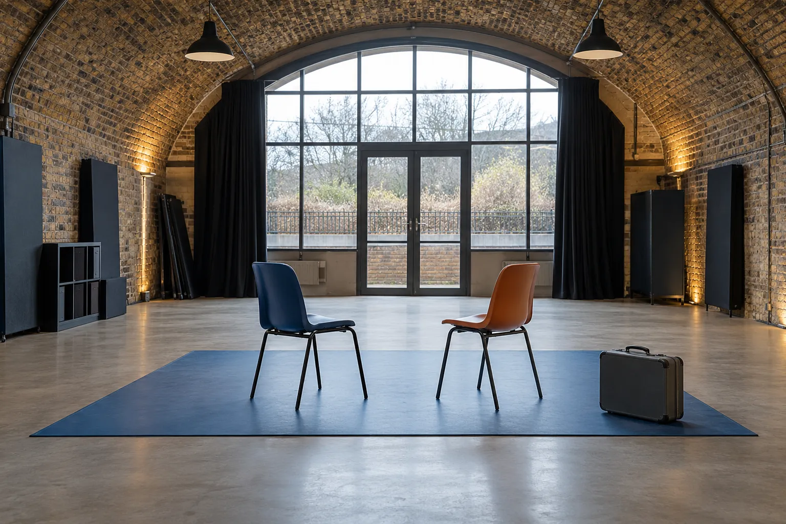 Illustration: Two chairs and a suitcase in a brick-arch rehearsal space.