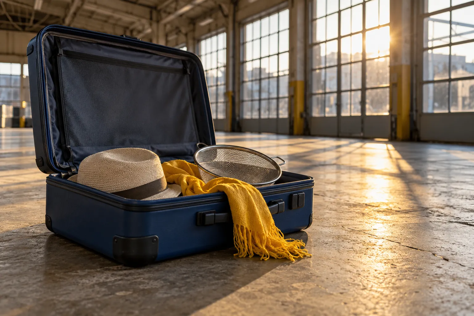 Illustration: An improv suitcase with everyday props in an industrial studio.