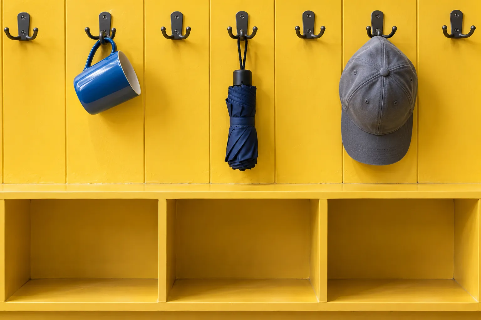 Illustration: Everyday props organized on a yellow backstage peg wall.