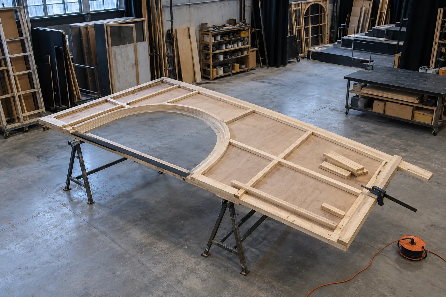 Illustration: A theater scenery flat under construction on steel trestles.