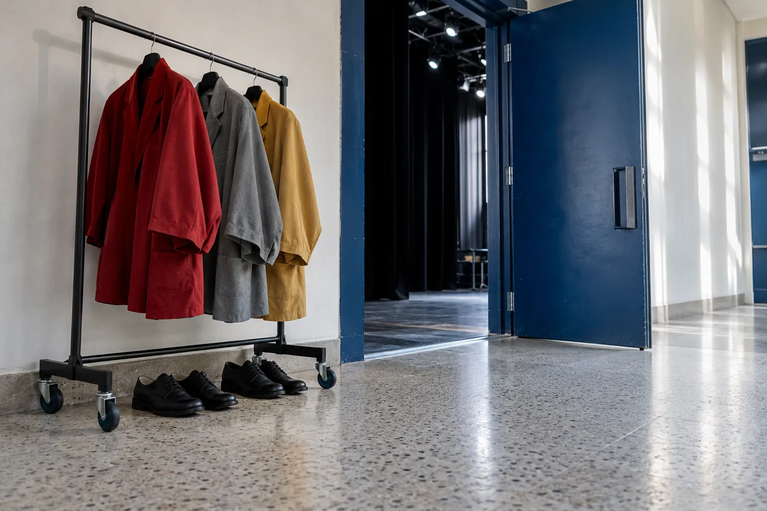 Illustration: Plain rehearsal costumes on a rail beside a cobalt stage door.