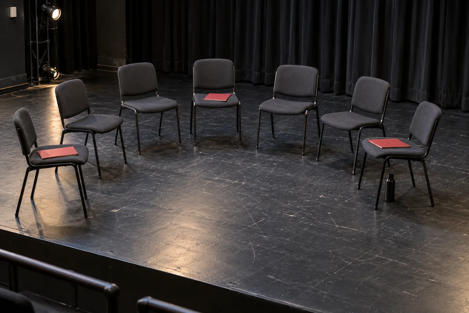 Illustration: Crimson rehearsal folders on empty chairs in a small black-box theater.