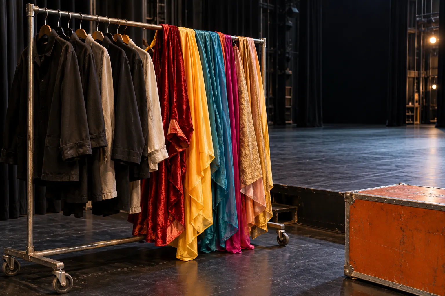 Illustration: Plain rehearsal jackets and bright fabric lengths hang from a sturdy costume rail beside a dark empty stage and orange storage trunk, photographed wide.