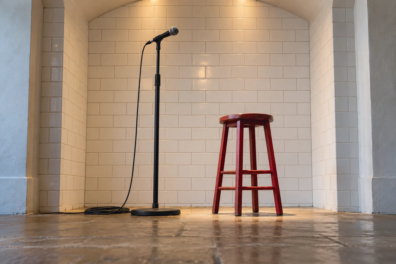 Illustration: A plain wired microphone on a stable stand beside an empty red stool in a white tiled alcove, black cable coiled tidily.