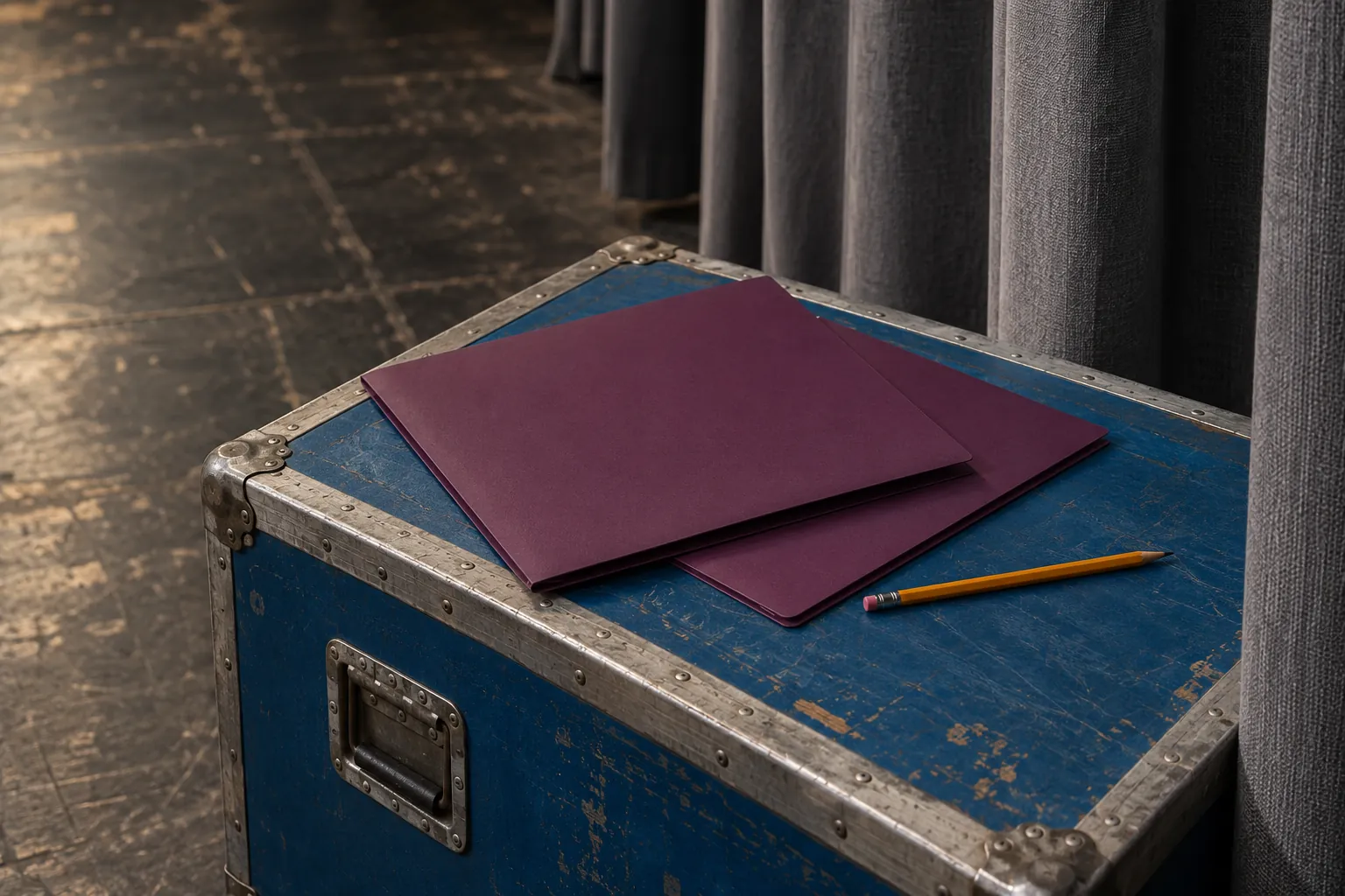 Illustration: Two plain plum folders and a pencil rest on a blue stage crate beside a heavy grey curtain.
