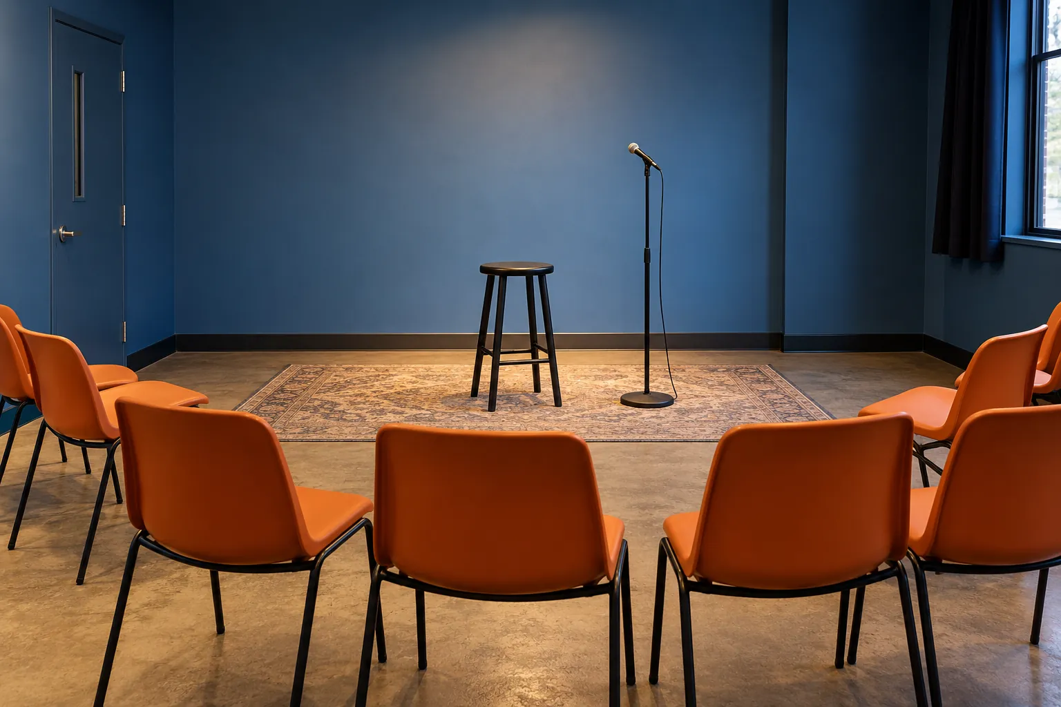 Illustration: An empty black stool and plain microphone stand face a few orange chairs in a small blue-walled multipurpose room.