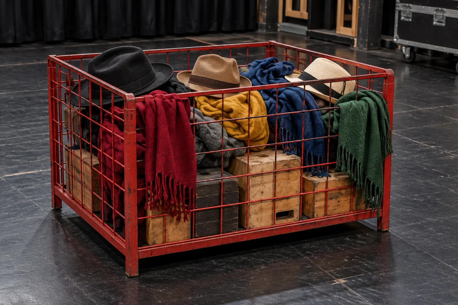 Illustration: Plain hats, coloured scarves and simple wooden blocks in a red wire prop cage on black rehearsal flooring.