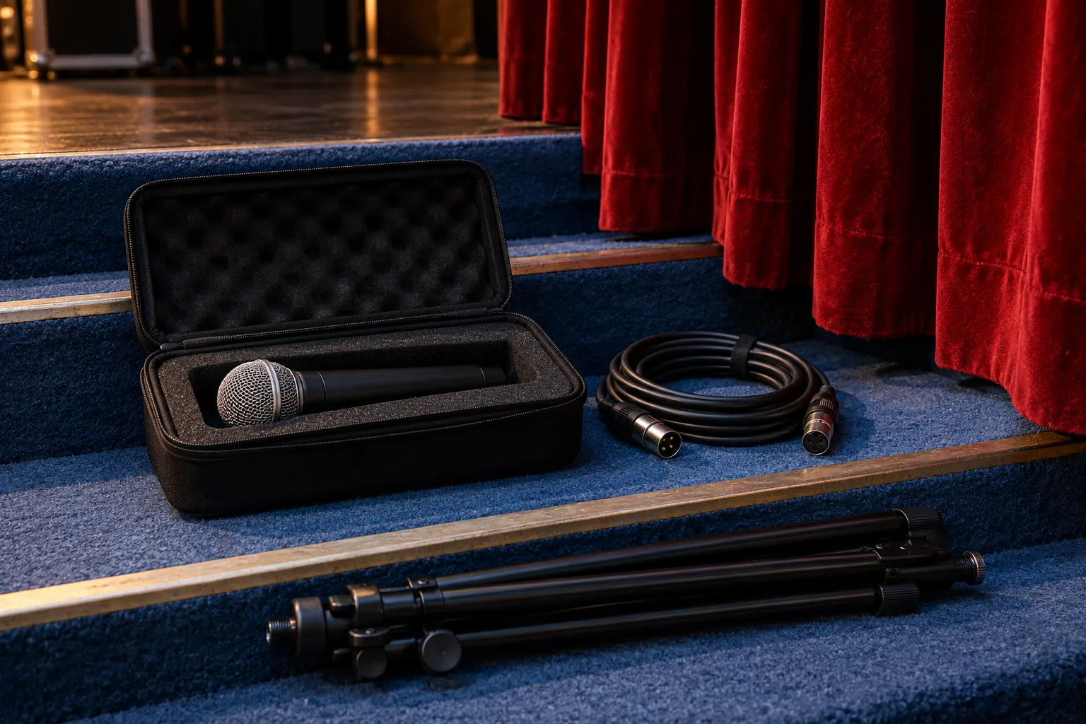 Illustration: A plain microphone in an open padded case, black cable and folded stand on blue stage steps beside a red curtain.