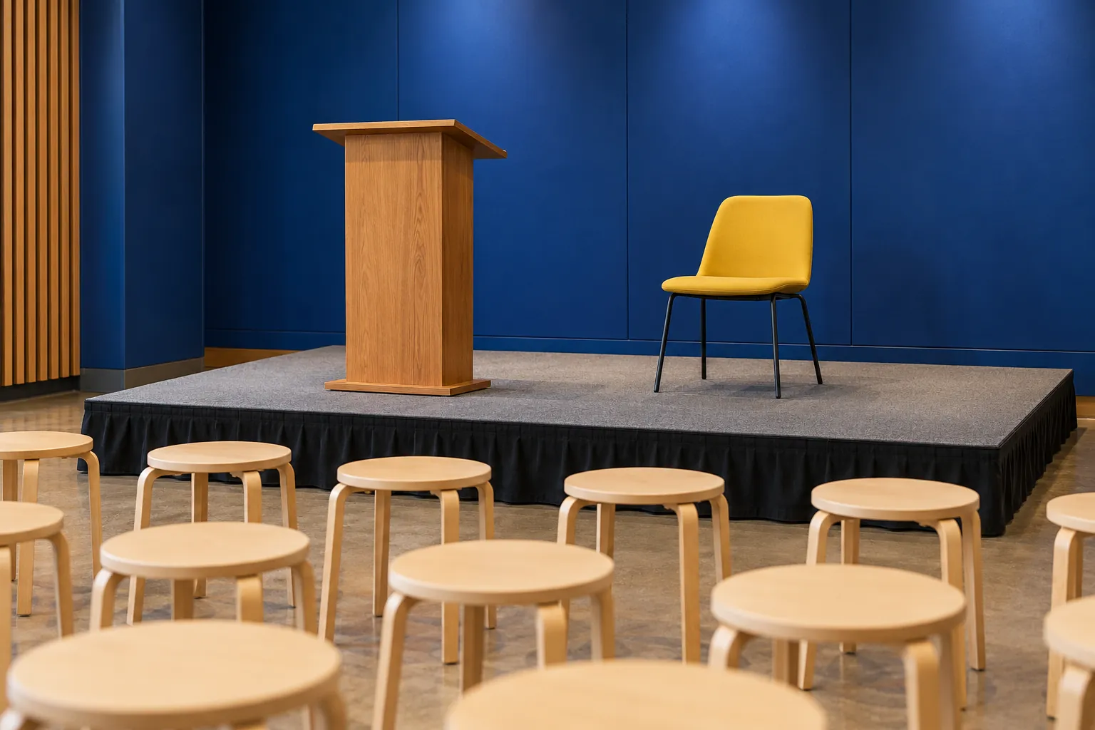 Illustration: A plain lectern and empty yellow chair on a small grey platform with cobalt wall panels and empty audience stools.