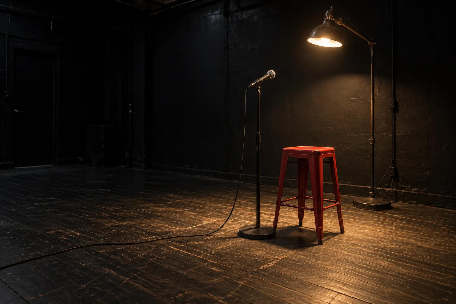 Illustration: One red metal stool beside a plain microphone under a single practical work lamp in a black-box room.