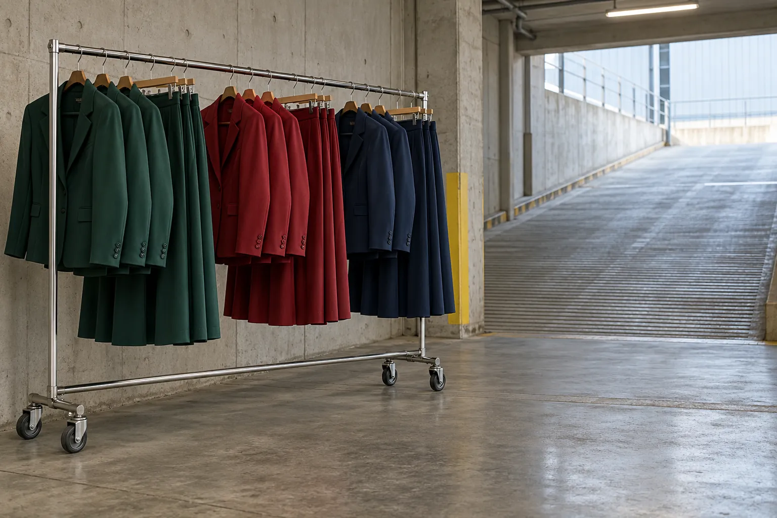 Illustration: Unbranded plain jackets and skirts in green, red and navy hang on a wheeled costume rail beside an indoor concrete ramp.