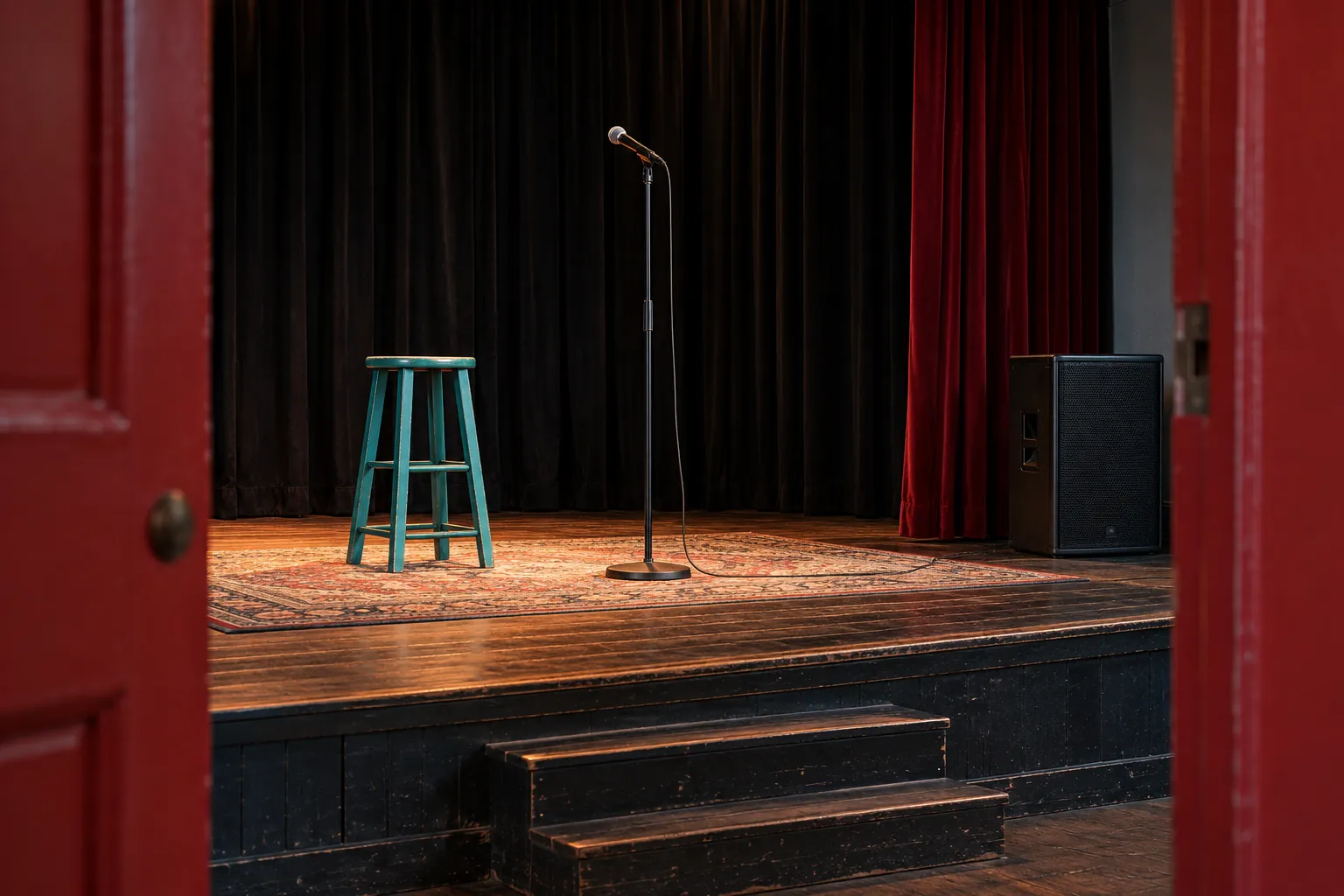 Illustration: An empty community stage with plain microphone stand, turquoise stool and closed black speaker cabinet seen through a red side door.