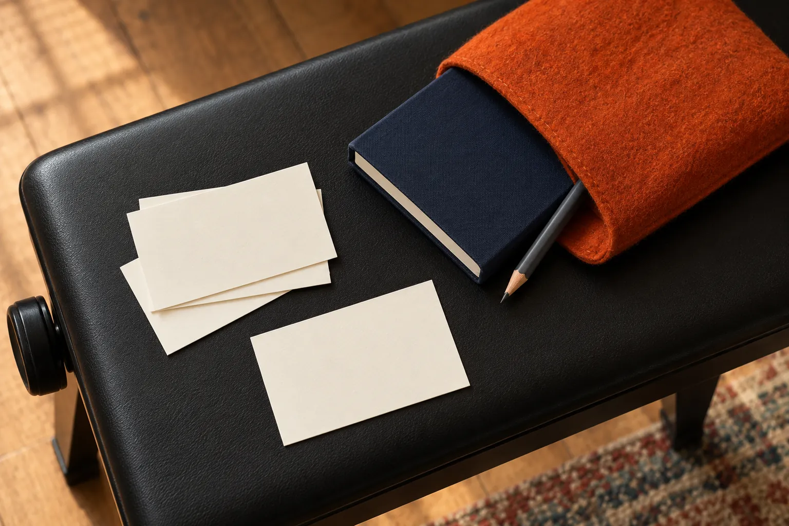 Illustration: Blank cream cards, a closed indigo notebook and a plain pencil partly inside an orange felt pouch on a black rehearsal bench.