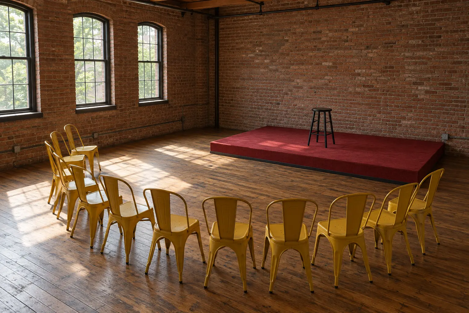 Illustration: A crescent of yellow metal chairs faces a black stool on a low red platform in a plain brick room.