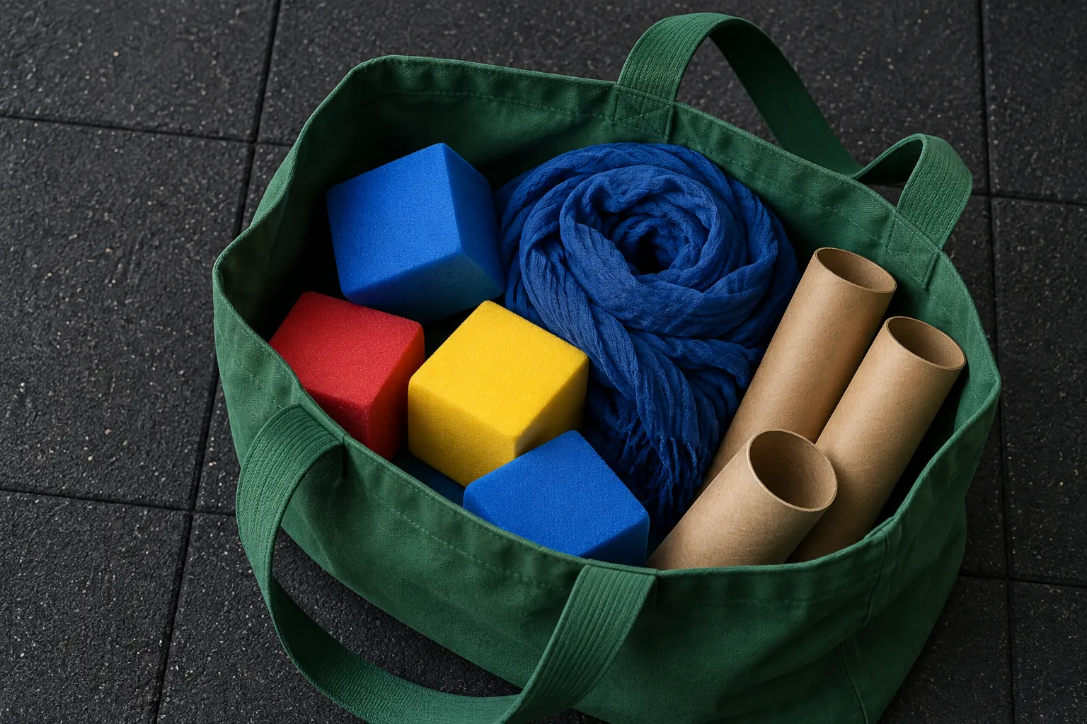 Illustration: Plain foam cubes, a rolled blue scarf and simple cardboard tubes in a green open tote on charcoal rubber tiles.