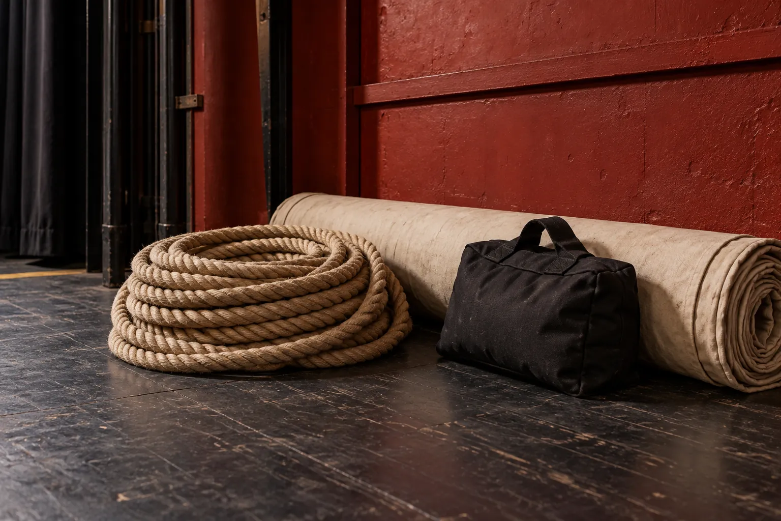 Illustration: Coiled stage rope, a rolled plain canvas backdrop and a black sandbag beside a red-painted backstage wall.