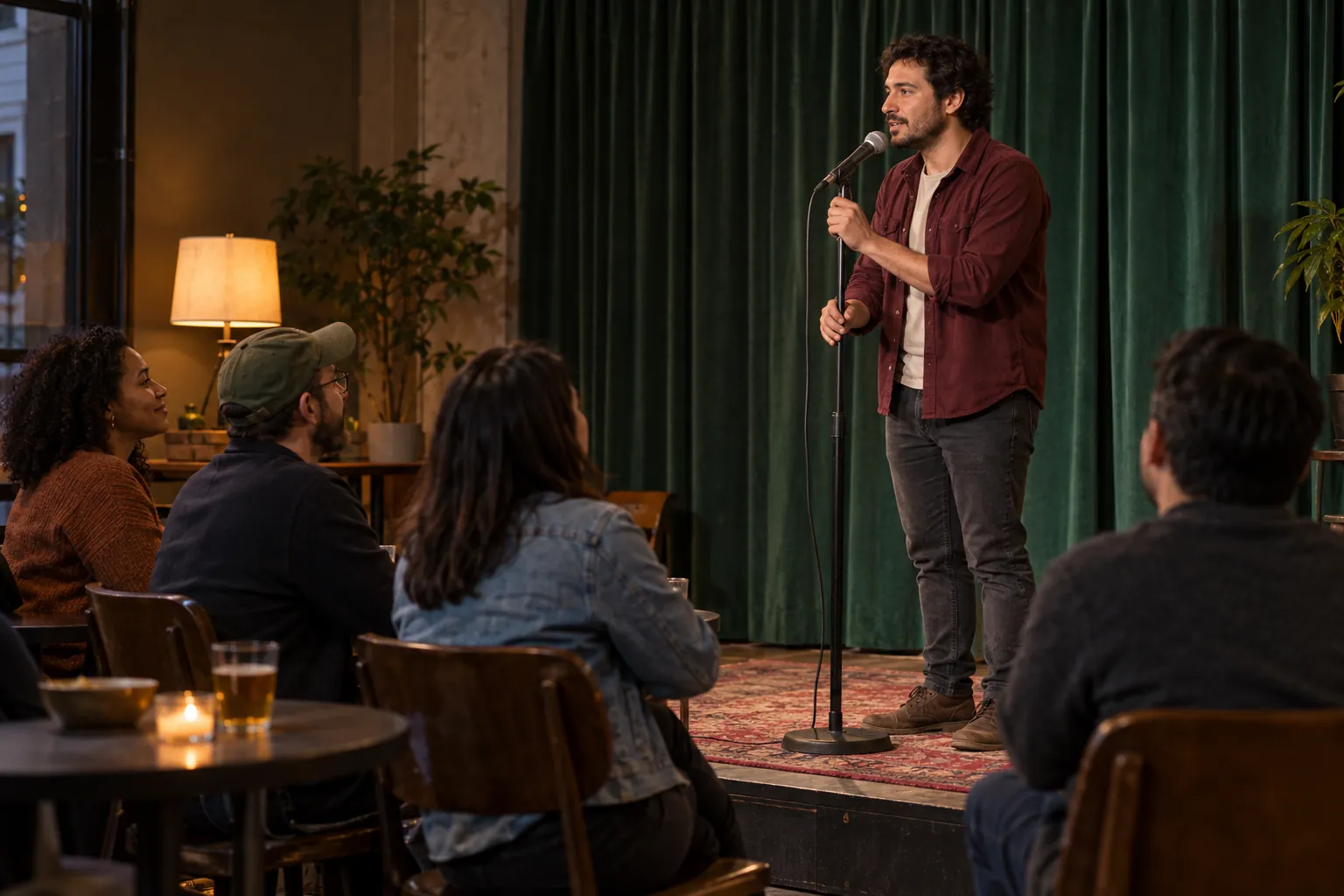 Illustration: An adult in their thirties speaks into a plain microphone on a small low stage while four adult listeners sit nearby.