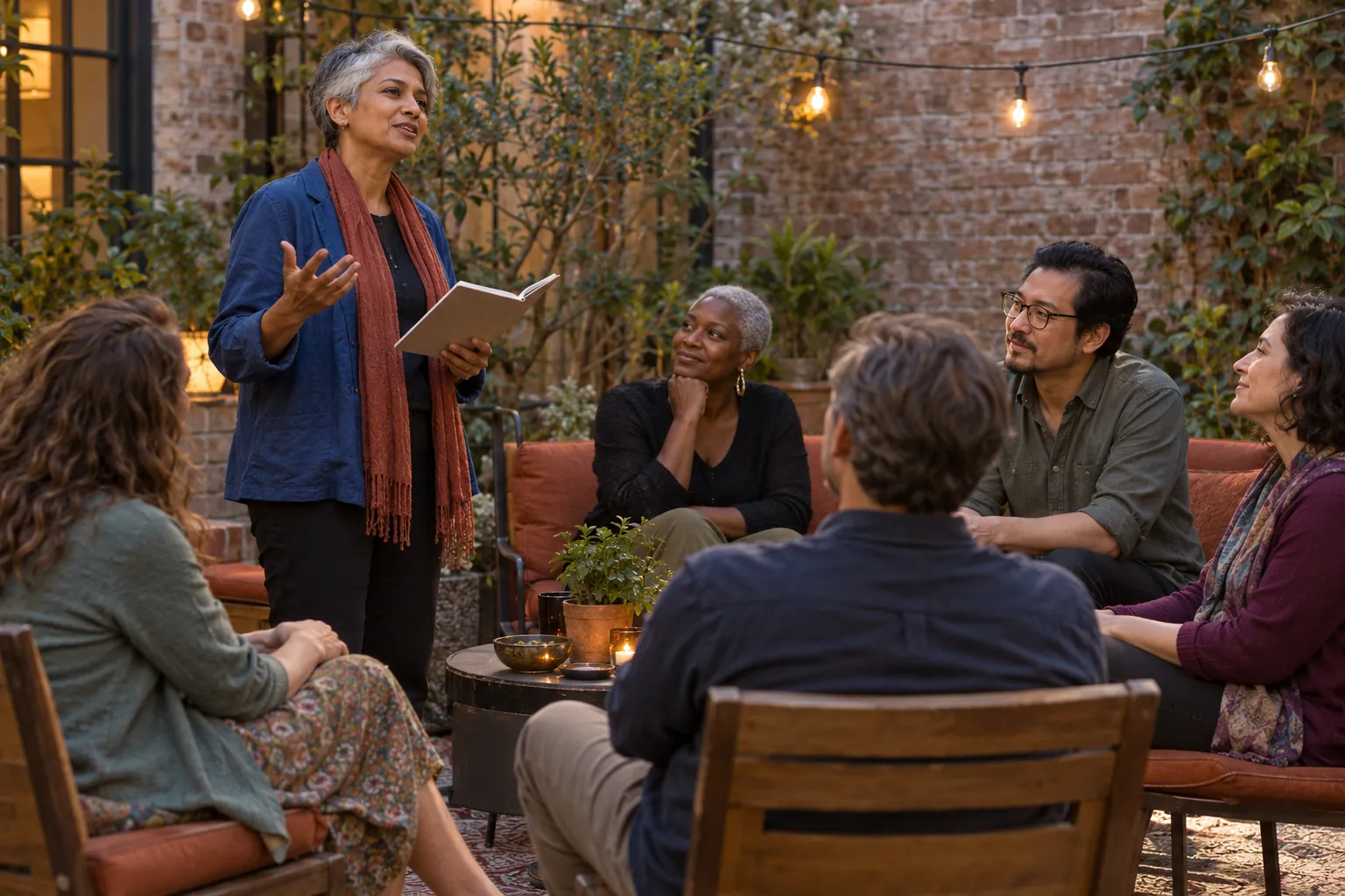 Illustration: A grey-haired adult performs spoken poetry to five seated adults in a small brick courtyard, holding a plain notebook at waist height.